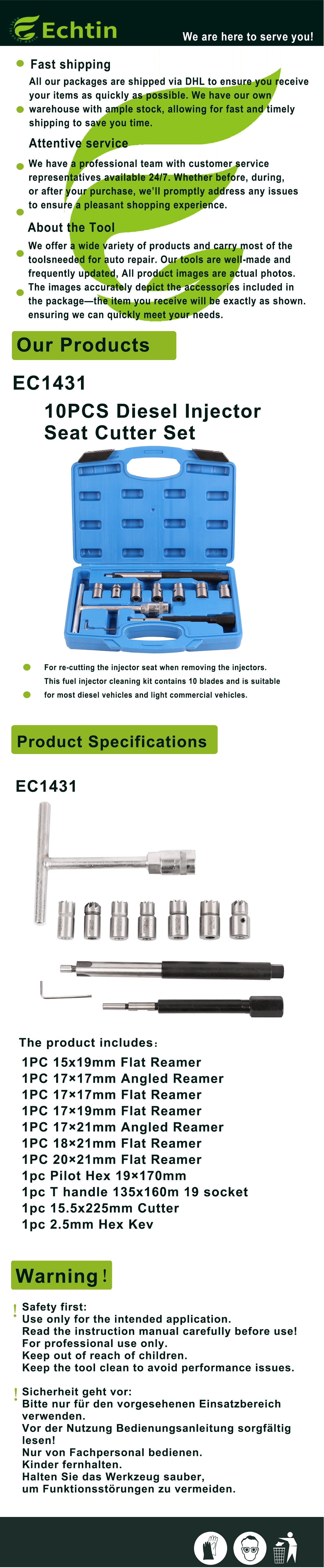 echtools EC1431 10 tlg. Diesel Injektoren Dichtsitz Werkzeug Fräser Satz Einspritzdüsen Dichtflächen