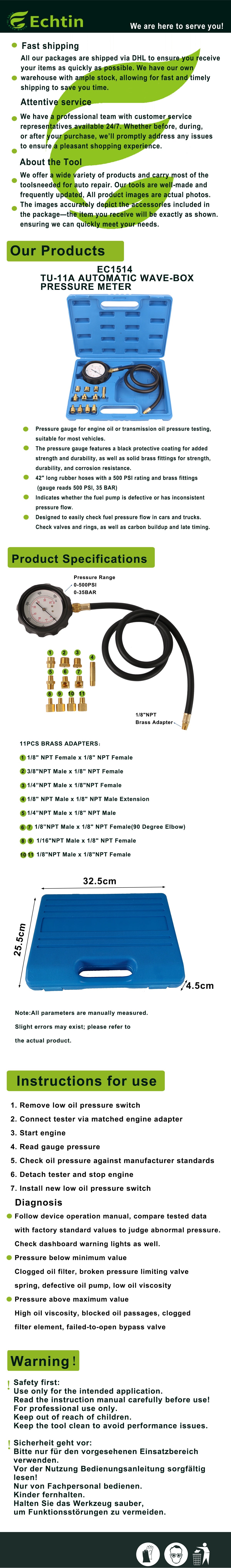 echtools EC1514 13tlg. Motor Öldruck Tester Öldruckprüfer Messgerät Öldrucktester Werkzeug Prüfer 0-35 bar