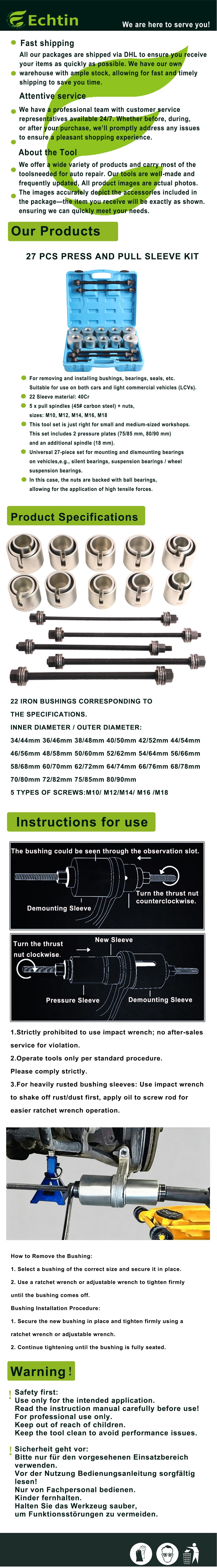 echtools EC1701 27tlg. KFZ Silentlager Achslager Abzieher Gummibuchsen Druckhülsen Demontage Set