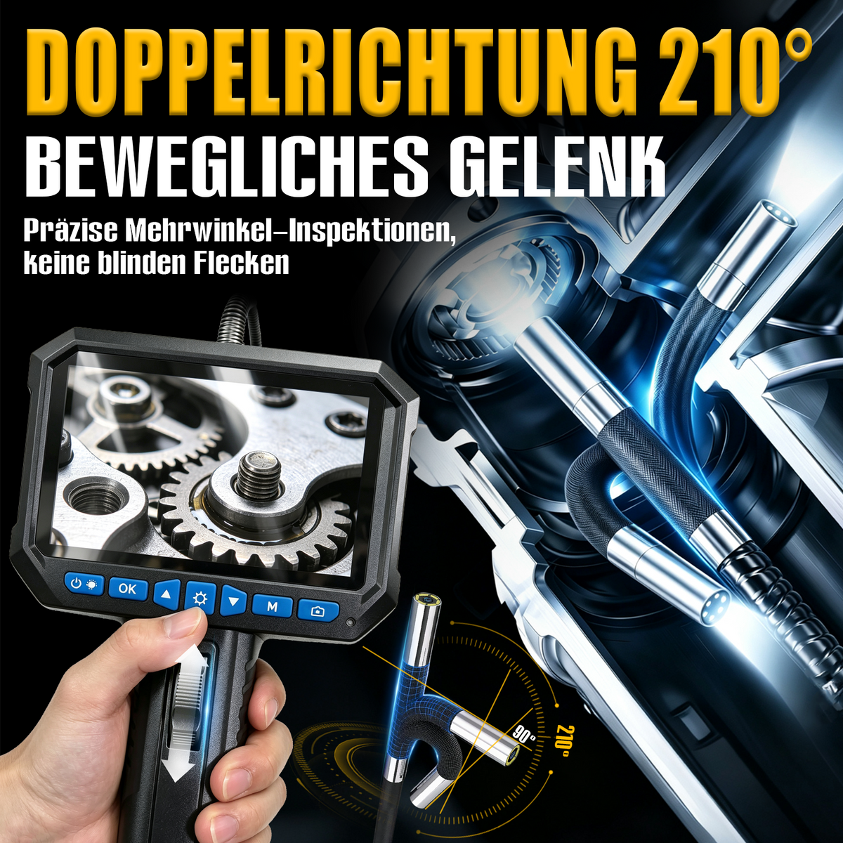 Kuntech KT6387 Gelenk Endoskopkamera 5,5mm 210° 4,5" IPS IP67 8x Zoom Inspektionskamera