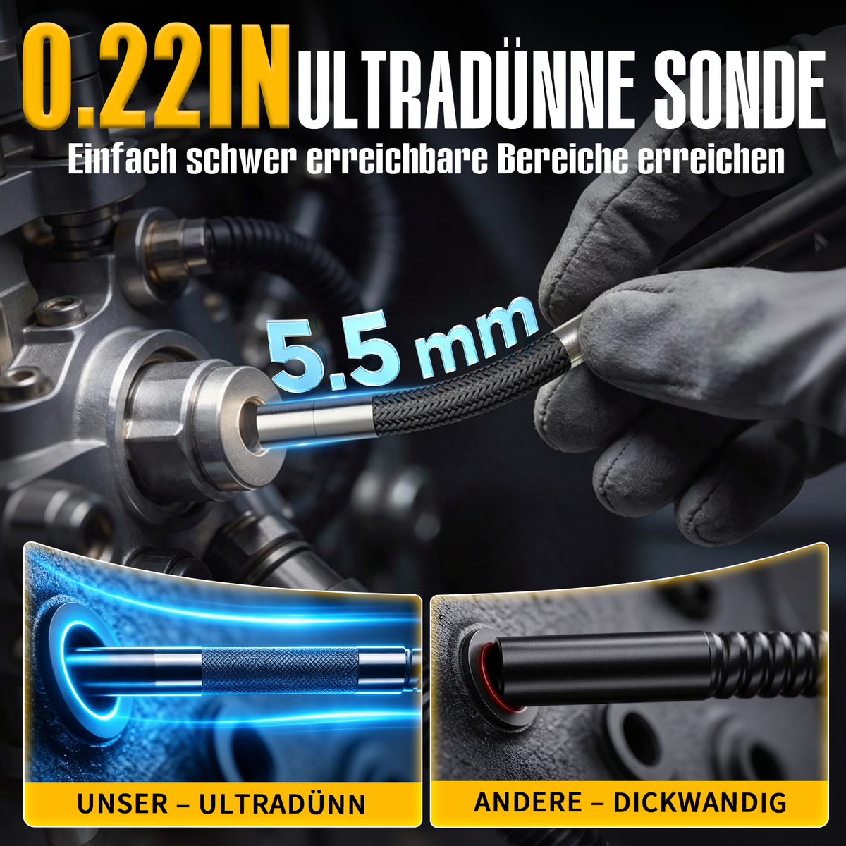 Kuntech KT6387 Gelenk Endoskopkamera 5,5mm 210° 4,5" IPS IP67 8x Zoom Inspektionskamera