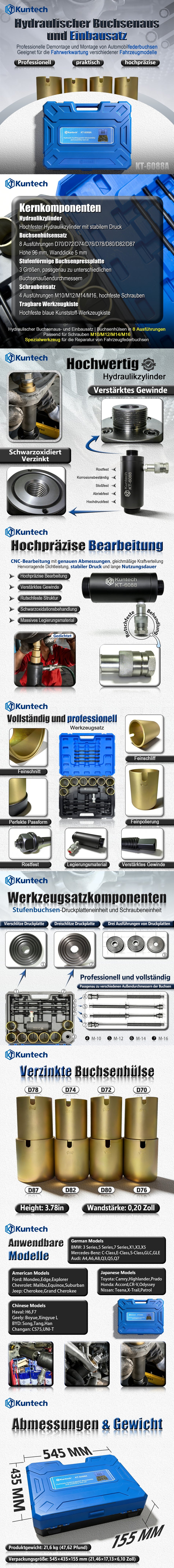 Kuntech KT6088A Hydraulischer Buchsen Auspresssatz 70–87mm Silentlager Werkzeug Abzieher KFZ Set