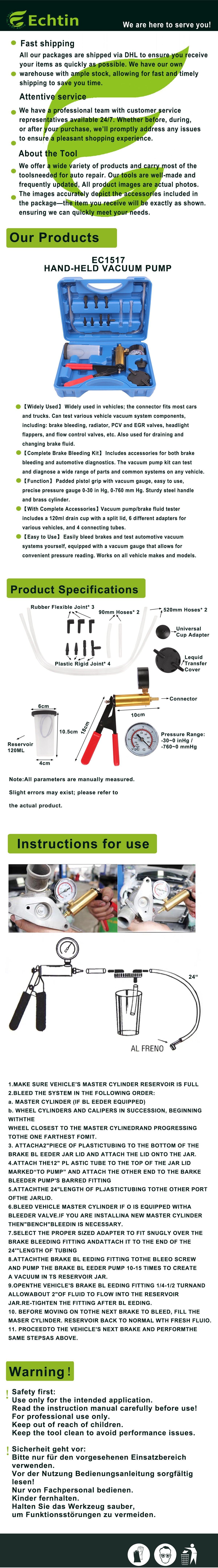 echtools EC1517 Vakuumpumpe Satz Hand KFZ Auto Bremsenentlüfter Vakuumtester Unterdruckpumpe
