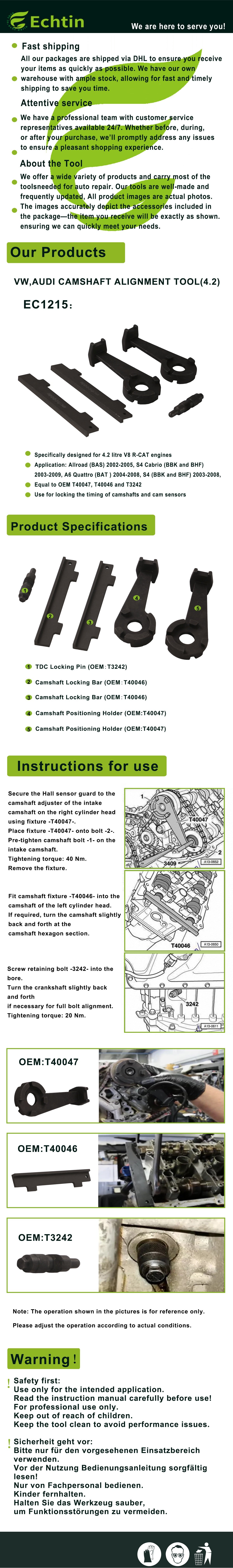 echtools EC1215 Motoreinstellwerkzeug Nockenwellen für VW AUDI 4.2 ALLROAD V8 S4 A6