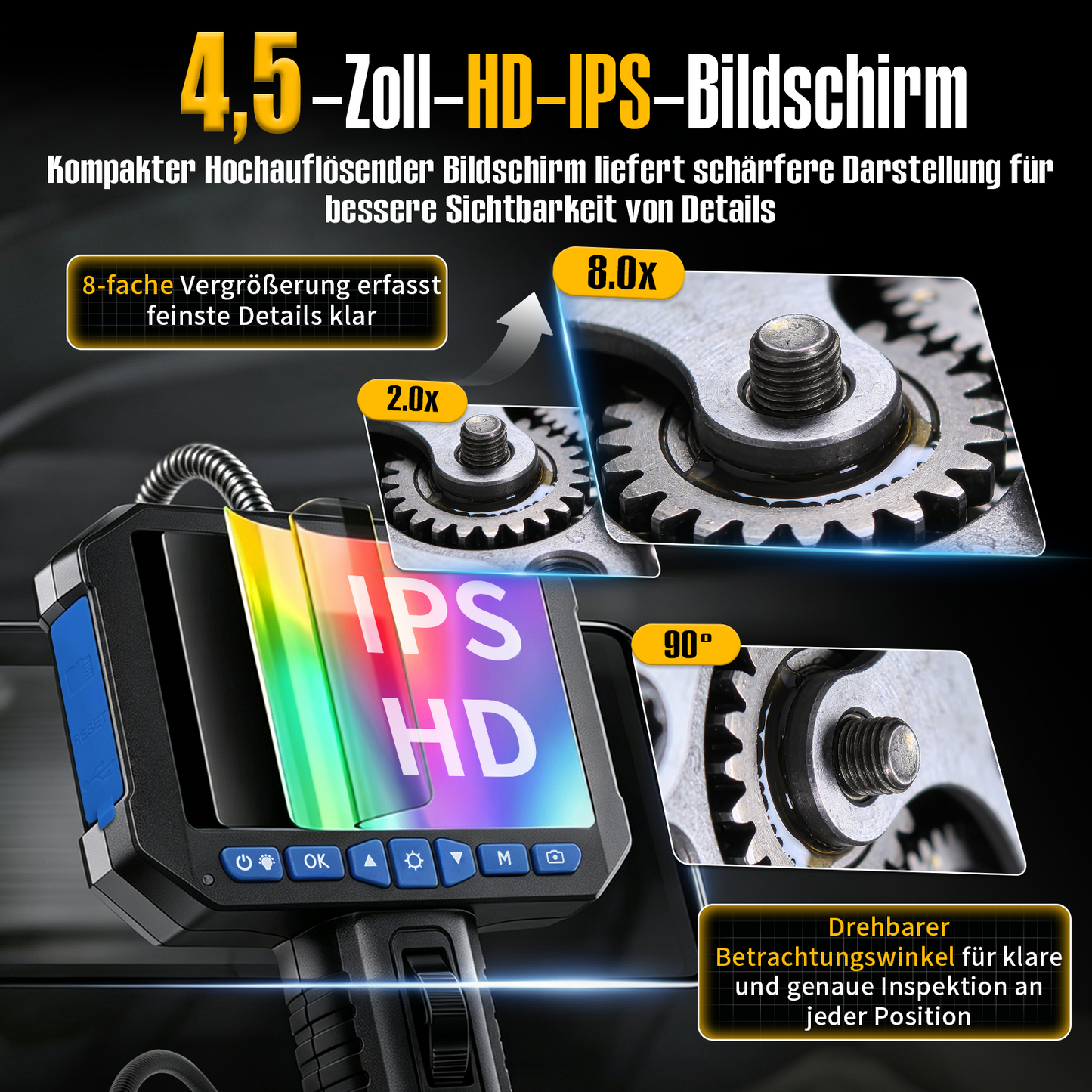 Kuntech KT6387 Gelenk Endoskopkamera 5,5mm 210° 4,5" IPS IP67 8x Zoom Inspektionskamera