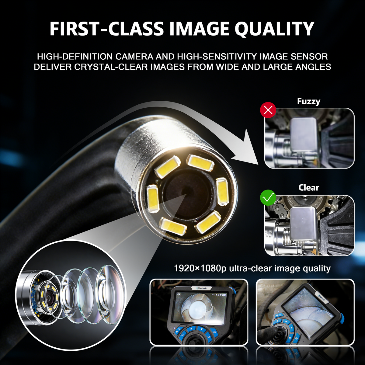 Kuntech KT6288 Endoskopkamera 4-Wege 360° 1080P 5" IPS 6mm IP67 Inspektionskamera