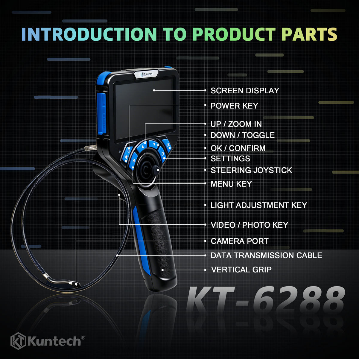 Kuntech KT6288 Endoskopkamera 4-Wege 360° 1080P 5" IPS 6mm IP67 Inspektionskamera