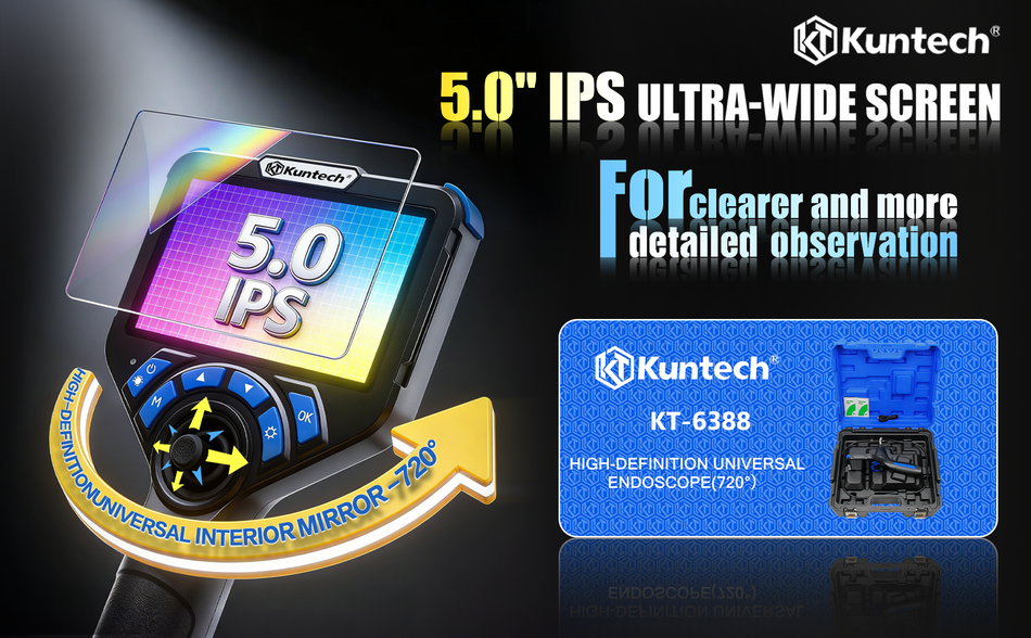 Kuntech KT6388 3,9mm Endoskopkamera 1080P 5" IPS Inspektionskamera Auto KFZ IP67 6 LED