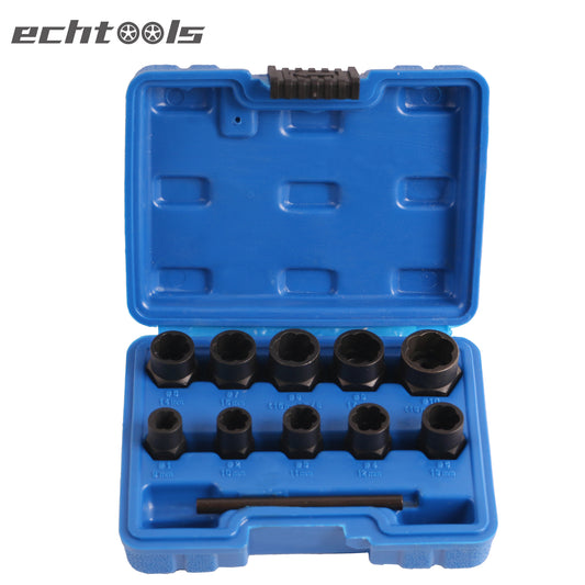 echtools EC1807 Spiral-Profil-Steckschlüssel-Satz / Schraubenausdreher | Antrieb Innensechskant 10 mm (3/8") / Außensechskant | SW 9 - 19 mm | 11-tlg.