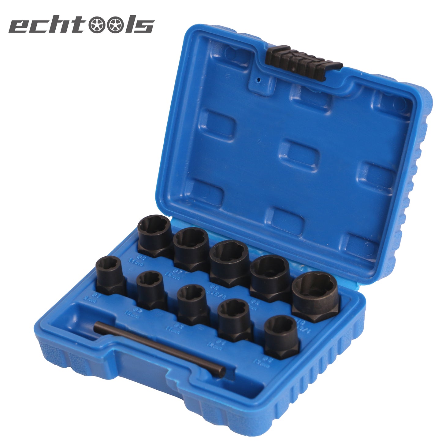 echtools EC1807 Spiral-Profil-Steckschlüssel-Satz / Schraubenausdreher | Antrieb Innensechskant 10 mm (3/8") / Außensechskant | SW 9 - 19 mm | 11-tlg.