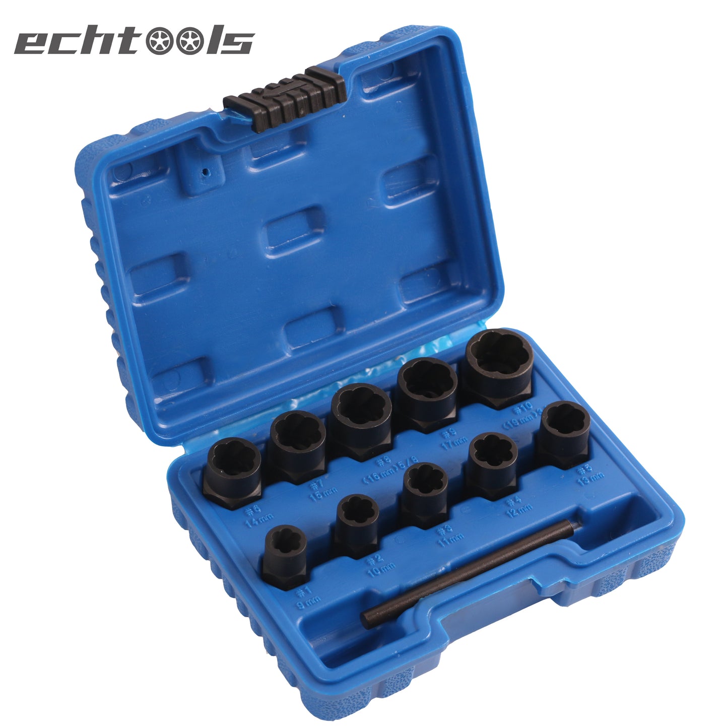 echtools EC1807 Spiral-Profil-Steckschlüssel-Satz / Schraubenausdreher | Antrieb Innensechskant 10 mm (3/8") / Außensechskant | SW 9 - 19 mm | 11-tlg.