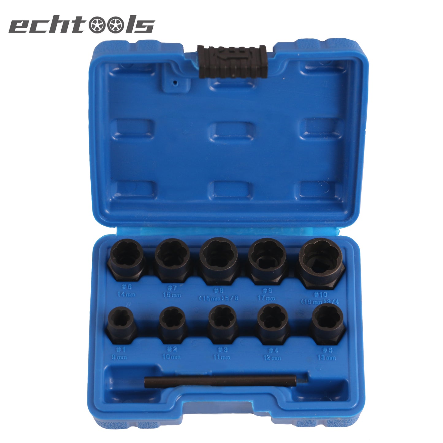 echtools EC1807 Spiral-Profil-Steckschlüssel-Satz / Schraubenausdreher | Antrieb Innensechskant 10 mm (3/8") / Außensechskant | SW 9 - 19 mm | 11-tlg.